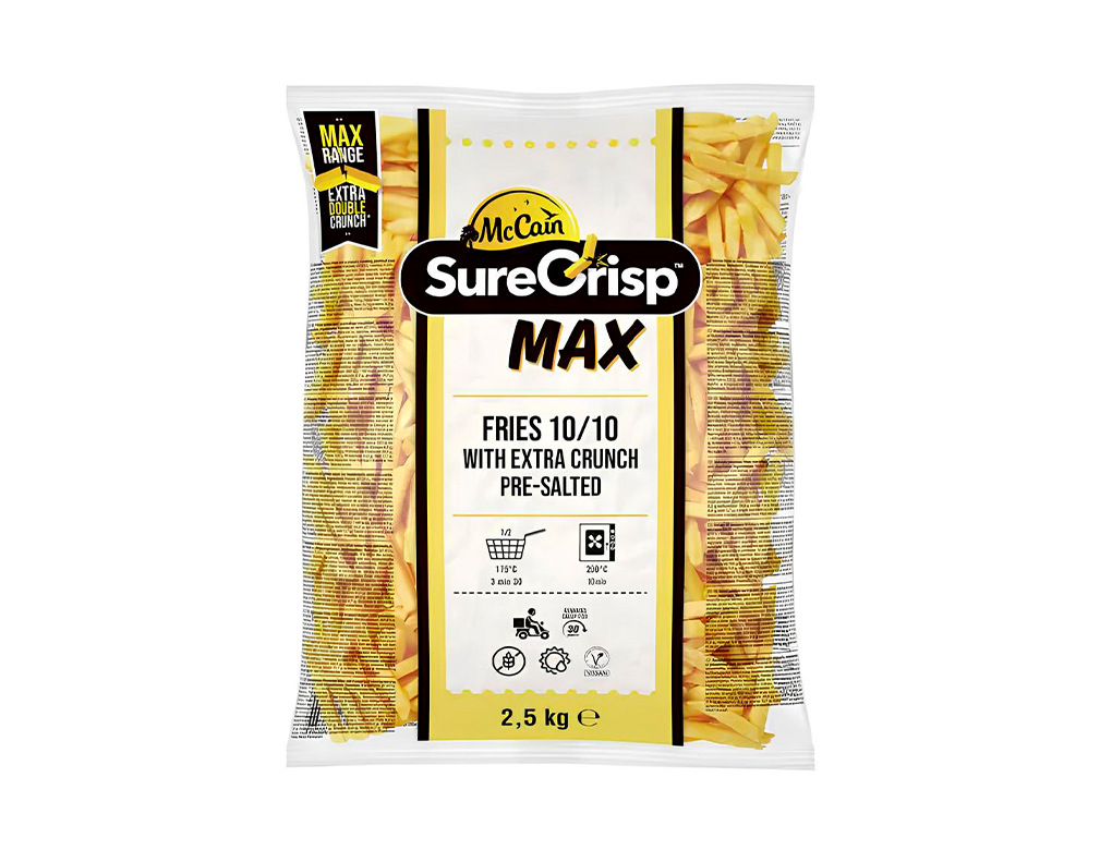 BATATA PALITO CONGELADA PRÉ FRITA 10 MM CORTE TRADICIONAL SURECRISP MAX WITH EXTRA CRUNCH MCCAIN 2,5 KILO (CX 4 PCT) - PMG Atacadista - Melhor Preço em Atacado BATATA PALITO CONGELADA PRÉ FRITA 10 MM CORTE TRADICIONAL SURECRISP MAX WITH EXTRA CRUNCH MCCAIN 2,5 KILO (CX 4 PCT) - produto atacado, food service - PMG Atacadista - Atacado Food Service Itapecerica