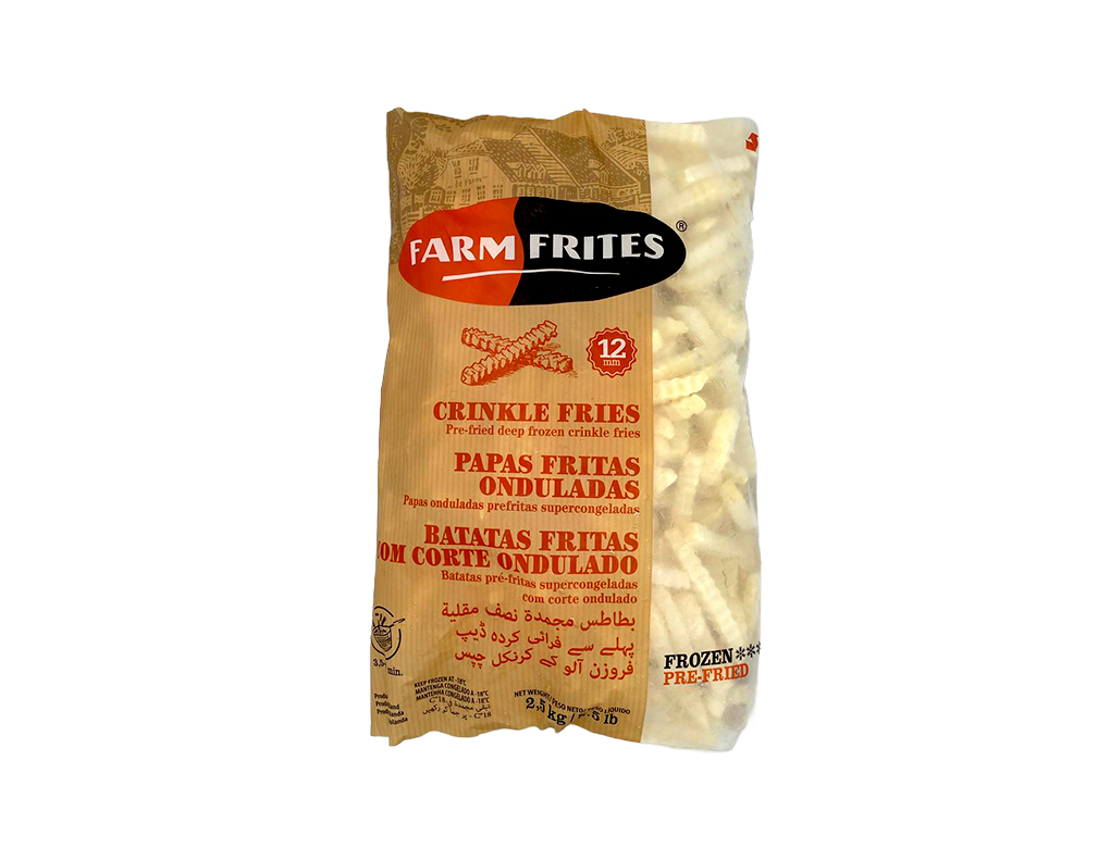 BATATA PALITO CONGELADA PRÉ FRITA CRINKLE FRIES ONDULADA FARM FRITES 2,5 KILO (CX 5 PCT) - PMG Atacadista - Melhor Preço em Atacado BATATA PALITO CONGELADA PRÉ FRITA CRINKLE FRIES ONDULADA FARM FRITES 2,5 KILO (CX 5 PCT) - produto atacado, food service - PMG Atacadista - Atacado Food Service Itapecerica