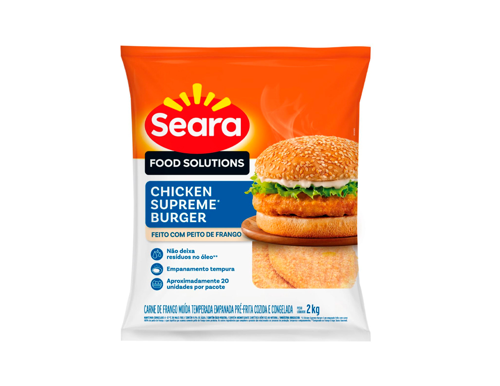 BURGER CHICKEN DE FRANGO CONGELADO EMPANADO SUPREME SEARA 2 KILO (CX 3 PCT) BLACK FRIDAY PMG ATACADISTA