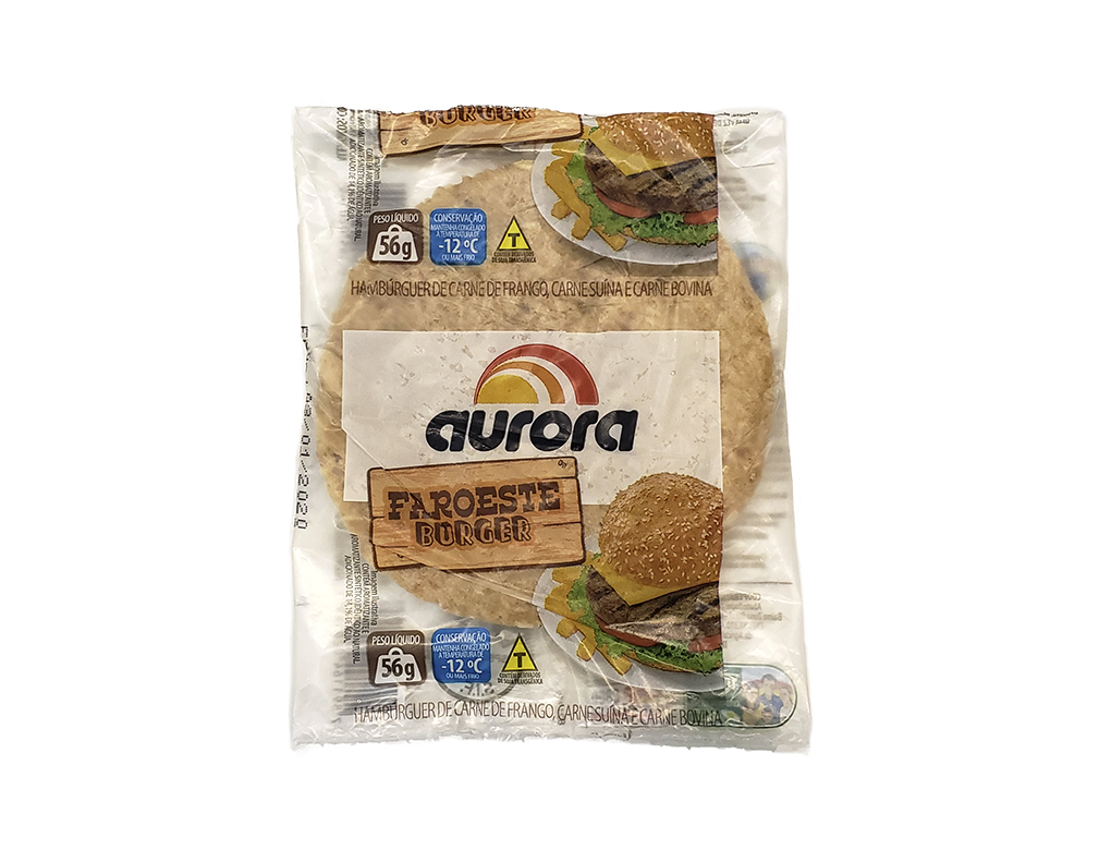 HAMBĂRGUER PEQUENO DE CARNE DE FRANGO CARNE SUĂNA E CARNE BOVINA FAROESTE BURGER AURORA 56 G (CX 36 UN) BLACK FRIDAY PMG ATACADISTA