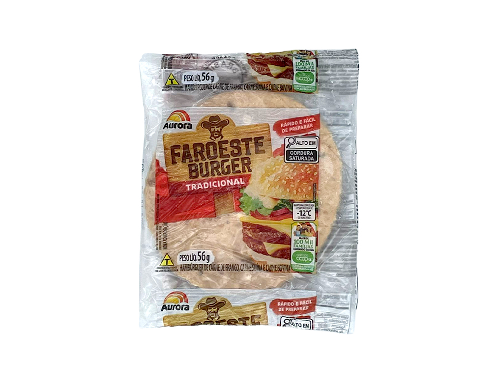 HAMBÚRGUER PEQUENO DE CARNE DE FRANGO CARNE SUÍNA E CARNE BOVINA FAROESTE BURGER AURORA 56 G (CX 90 UN) - PMG Atacadista - Melhor Preço em Atacado HAMBÚRGUER PEQUENO DE CARNE DE FRANGO CARNE SUÍNA E CARNE BOVINA FAROESTE BURGER AURORA 56 G (CX 90 UN) - produto atacado, food service - PMG Atacadista - Atacado Food Service Itapecerica